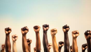 The raised fist is a universal symbol of human power, freedom, and revolution, representing the strength and fight of people united in their struggle for justice. generative ai. photo