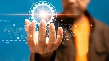 businessman Hand holding Light bulb icon Global Internet connection. Business global internet connection application IoT technology digital, marketing, financial, banking, Digital link tech, big data photo