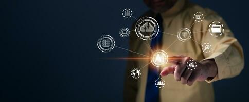 Touch AI login to internet network security technology. Businessman touching AI to sign in for protecting personal data with virtual screen interfaces. Cybersecurity, privacy concepts to protect data. photo