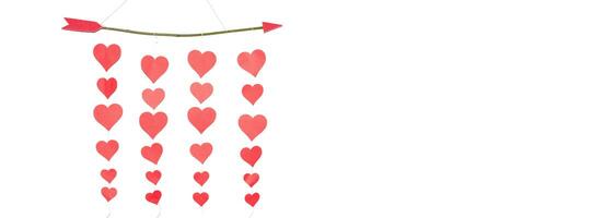 Closeup Arrows made with twigs for hanging, symbolizing a number of red paper hearts. The red paper hearts are attached to the dividing line, beautiful. Copyspace for design and text. White background photo