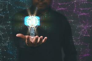 businessman holding a tube. 6g new technology network system high speed can transfer big data on online cyber. 6G can to connection smart global whit cyberspace and can develop business cooperation photo