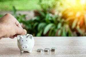 Hand of a male holding a coin for putting to a white piggy bank. Money saving concept investment budget wealth business retirement, financial. Copy space on right. Close up and blur green background photo