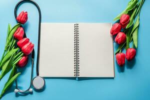 Stethoscope, tulips, notebook on blue background. Greeting background. Happy nurse's day. Health day. National doctor's day. Top view, Closeup, Copy space for design. Thank you, doctors and nurses photo