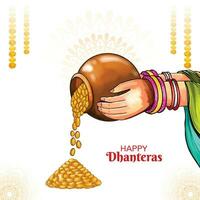 Happy dhanteras celebration for gold coin in pot festival card design vector