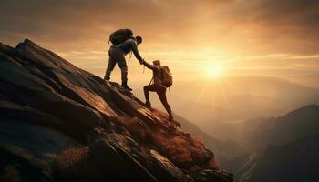 A mountaineer reaches out a helping hand to his teammate, demonstrating the importance of teamwork and motivation in achieving success in the face of challenging conditions. Generative ai photo