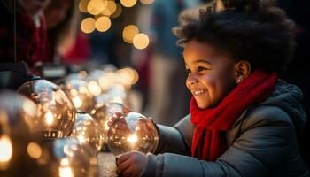 A cheerful little girl with a rosy face and twinkling eyes, her infectious joy captured the essence of childhood and the beauty of winter. generative ai photo