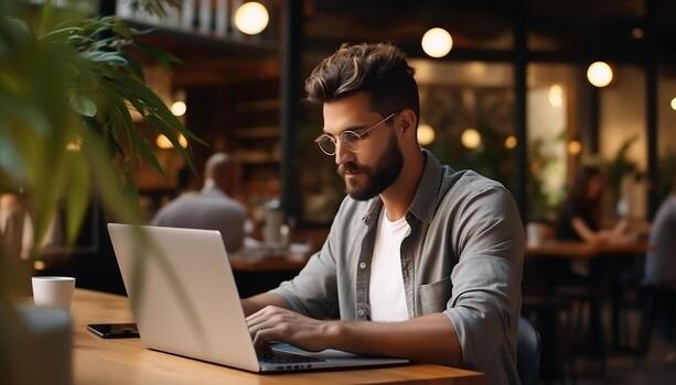 A young professional businessman sits at his desk, using his laptop computer to access the internet and work on business projects. generative ai photo