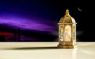 Arabic lanterns decorated with candles lit up at night on a Muslim Ramadan wooden table. Copy space on left for design or content. moon, sky night background. Selective focus photo