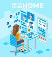 isométrica ilustración de mujer trabajando desde hogar con computadora y haciendo en línea reunión teleconferencias con cliente vector