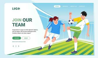 Illustration Soccer player character on field sport and Landing Page Design for web page, banner and app concept vector