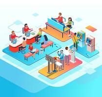 isometric illustration of various activities in a bank building, customers are consulting at the customer center, ATM center, people playing VR and making transactions vector