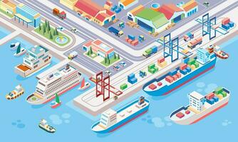 isometric illustration of central port for cargo ships and cruise ships with multiple ships at anchor and containers ready to be transported vector