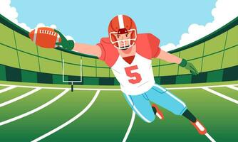 American football Player jump catches the ball and flies in the air on field Back view vector