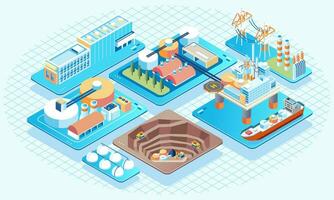 isométrica ilustración de petróleo minería empresa complejo, costa afuera petróleo minería con grande petróleo cilindros y petroleros vector