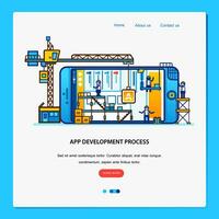 app development process banner with small character illustrted with smartphone reconstruction with people working on it-vector illustration vector