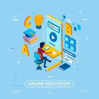 modern concept of online education with digital based can be access from smartphone, man character and education element isometric 3D vector illustration