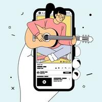 hand holding phone that shows video of young women playing guitar while singing on video sharing apps vector