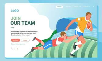 Rugby minimalist banner web illustration mobile landing page GUI UI player jump to grab ball vector