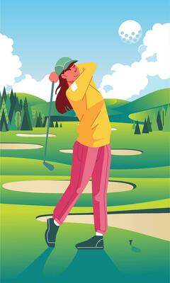 Young woman wearing sport uniform and cap hitting ball on golf course, green field hill with cloud background concept