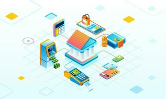 digital payment service network Bank, ATM, coin, card, money in isometric illustration vector