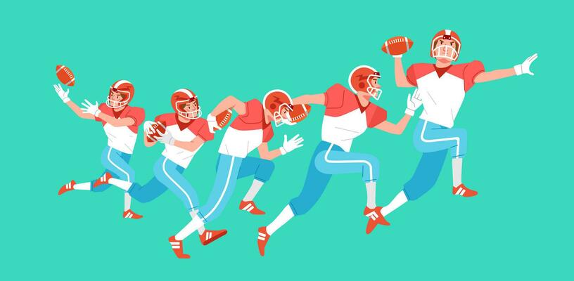 American football player sequence move catch ball run jump trow character on field