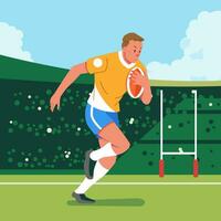 Rugby player fast running across field carrying the ball side view vector