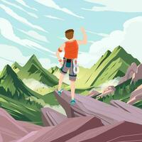 the boy who was cheering for having managed to climb to the top of the rocky mountain with mountain and blue sky as background vector