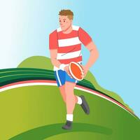 Rugby player fast running across field match carrying the ball vector