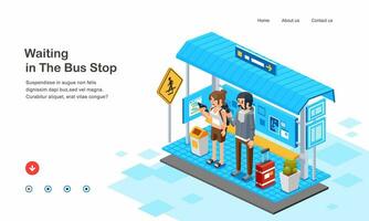 ISOMETRIC ILLUSTRATION OF PEOPLE MAN AND WOMEN WAITING BUS IN BUS STOP, CREATIVE WEB PAGE FOR ONLINE BOOKING WEBSITE - VECTOR