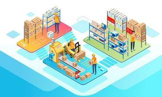 Isometric illustration of warehouse activity, worker checking goods stock and sort them for delivery vector