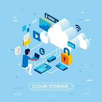 modern isometric design of cloud storage concept, with man working on laptop accessing cloud storage, landing page or infographic vector illustration