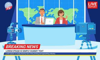 Couple news anchors reporting news in TV studio production presenters on breaking news with world map background vector