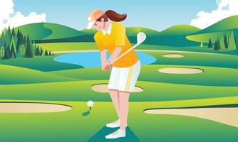 joven mujer jugando golf en el golf campo vistiendo golf trajes plano vector ilustración