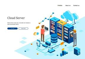 isometric illustration of two people maintenance computer server in data center room. 3D isometric illustration vector for homepage template