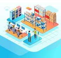 isometric illustration of an e-commerce company, administrators work in an office, goods stock is in a warehouse, and a server to store the company database vector