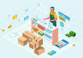 logistic online store isometric illustration, man character as cashier behind counter desk, boxes and transaction icon vector