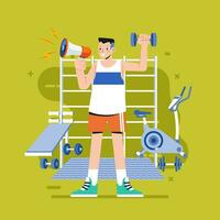 Happy man holding megaphone shouting loud calls customers announcing fitness healthy life Promotion advertising concept vector