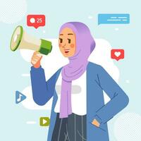 musulmán púrpura hijab joven niña participación megáfono gritos ruidoso anunciando social medios de comunicación promoción publicidad concepto vector