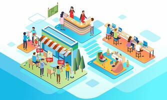 Isometric illustration of people working and hangout at cafe and coworking space, coworking space and cafe 3d vector illustration