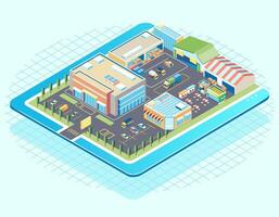 isometric illustration of a mall complex and a warehouse for goods storage, a transport truck is loading goods vector