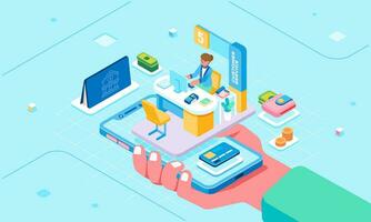 Isometric online account banking service concept, financial management hand holding smartphone with a customer service working vector