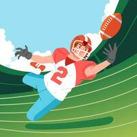 American football player jumps to catch the ball in the air on a field match vector