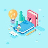 Isometric girl reading and studying on a book looking for ideas and knowledge, with educational fantasy elements, pastel color palette vector