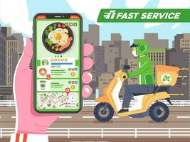 hand holding phone monitoring food order sending by courier, route on map arrived to destination vector illustration