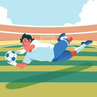 modern illustration of soccer match, a goalkeeper success catch the ball before entering the goal vector