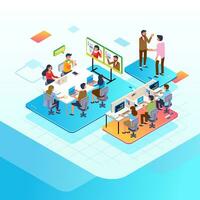 Isometric illustration of people busy with their work in the office, online meeting, meeting client and working with computer vector