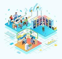 Isometric illustration of Cloud service database control, administrator working on database control room vector