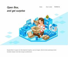 isometric illustration of women opening a box in her room. Creative isometric vector illustration landing page