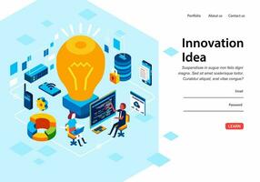 modern isometric vector illustration of innovation technology, big light bulb with man and women working in wide screen and many data element around