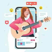 vector ilustración de mujer canto mientras jugando guitarra en vídeo contenido en teléfono ver tiene muchos gustos y comentario